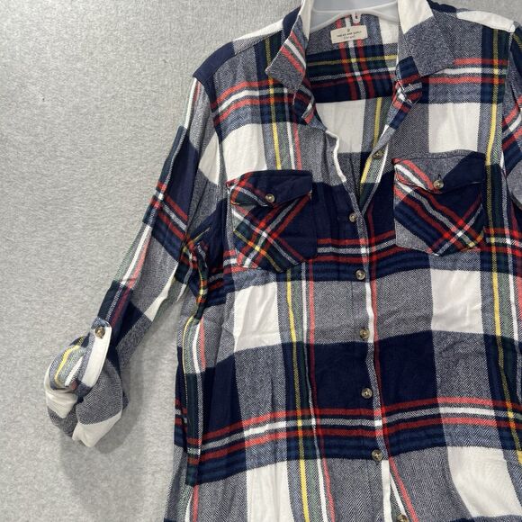 Thread & Supply LARGE Flannel shirt Button Up Blue Red Collared roll tab sleeve - Picture 14 of 14